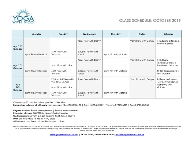Yoga With Nicci Class Schedule October 2015 